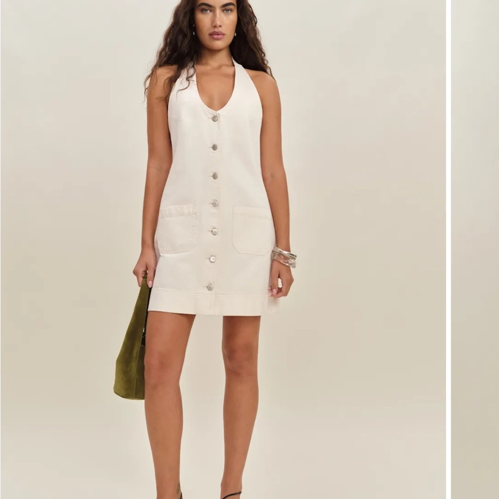 New Sold Out  Reformation Brittany Denim Halter Mini Dress in Fior Di Latte